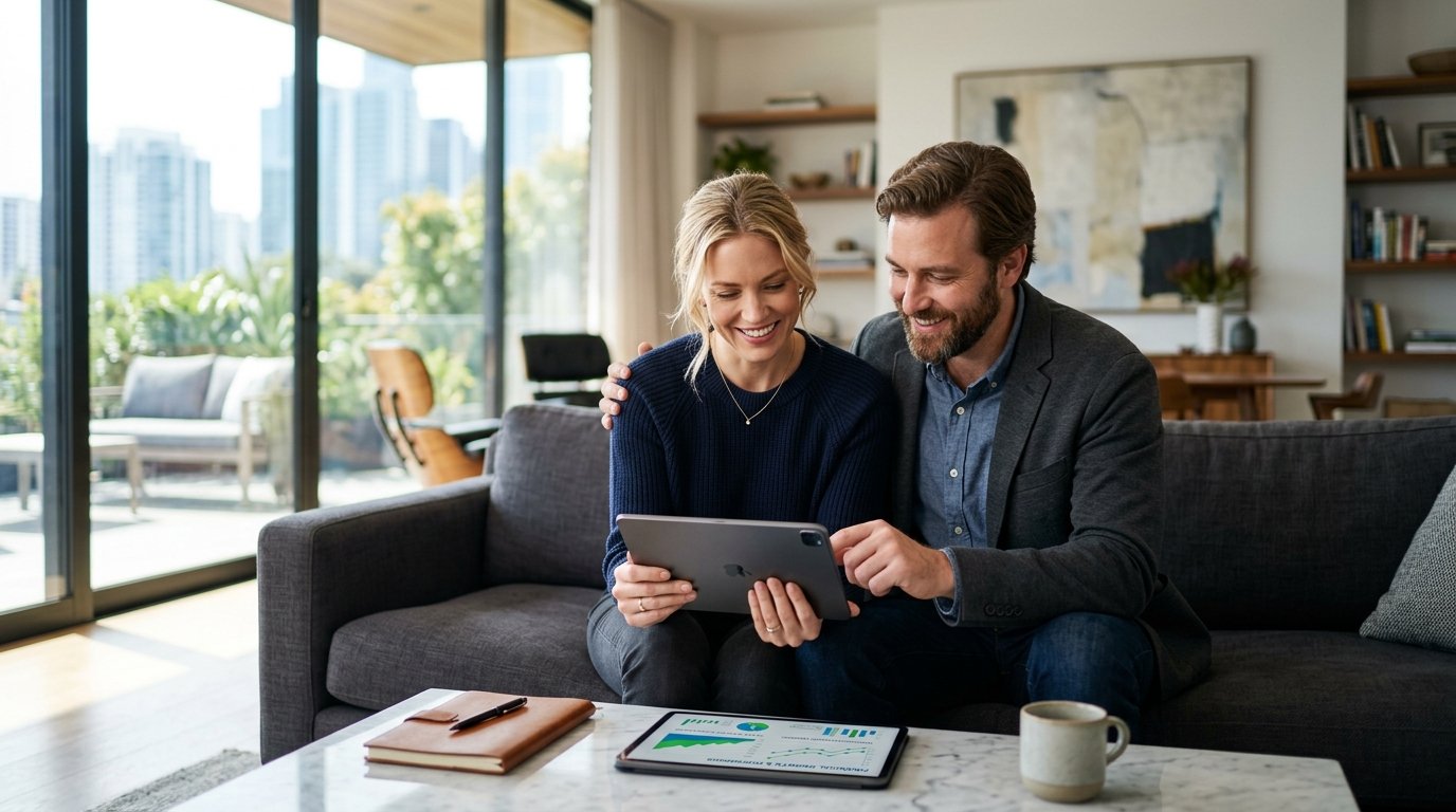 Couple analyzing cash value performance graphs and wealth accumulation on tablet