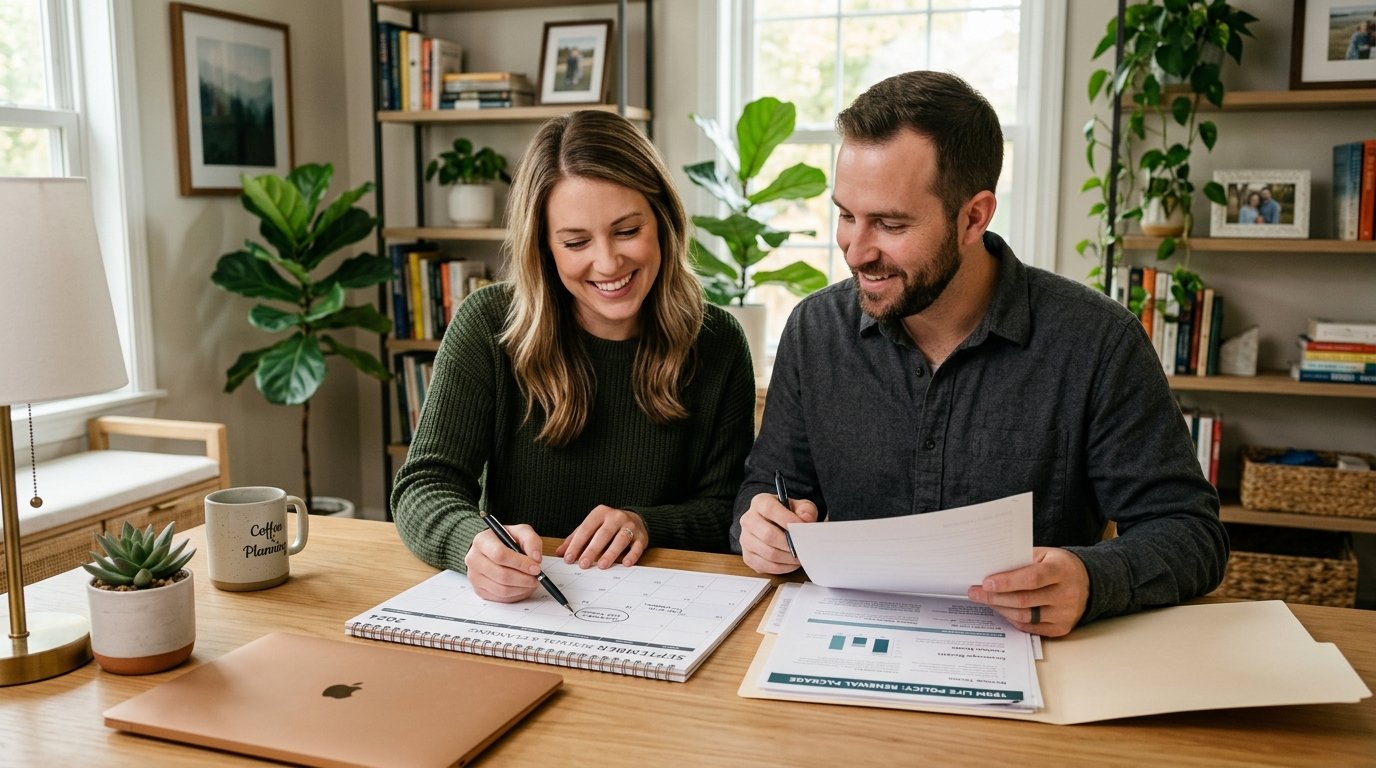 30s couple reviewing term life renewal dates and documents