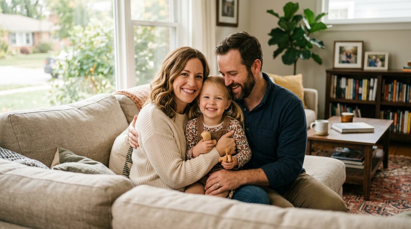 Loving 30s American parents with young daughter in peaceful home