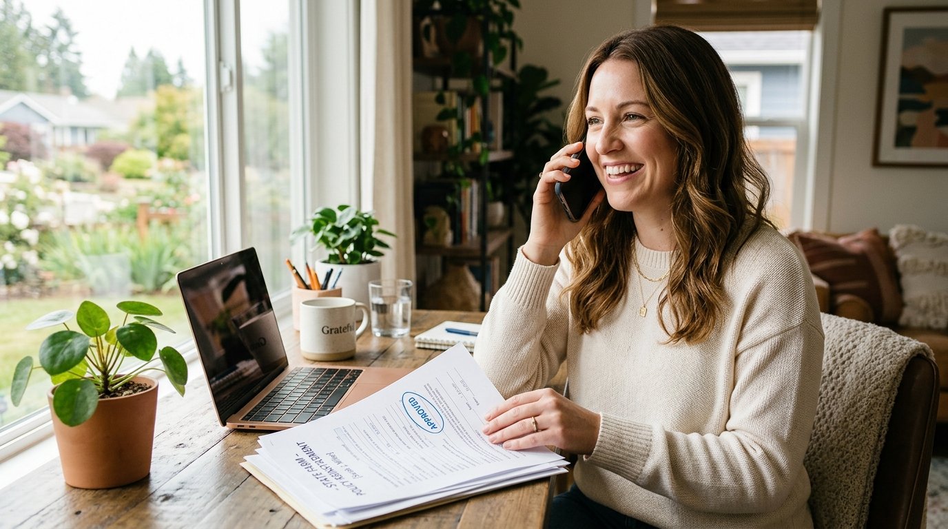 American woman smiling on call holding approved policy reinstatement papers