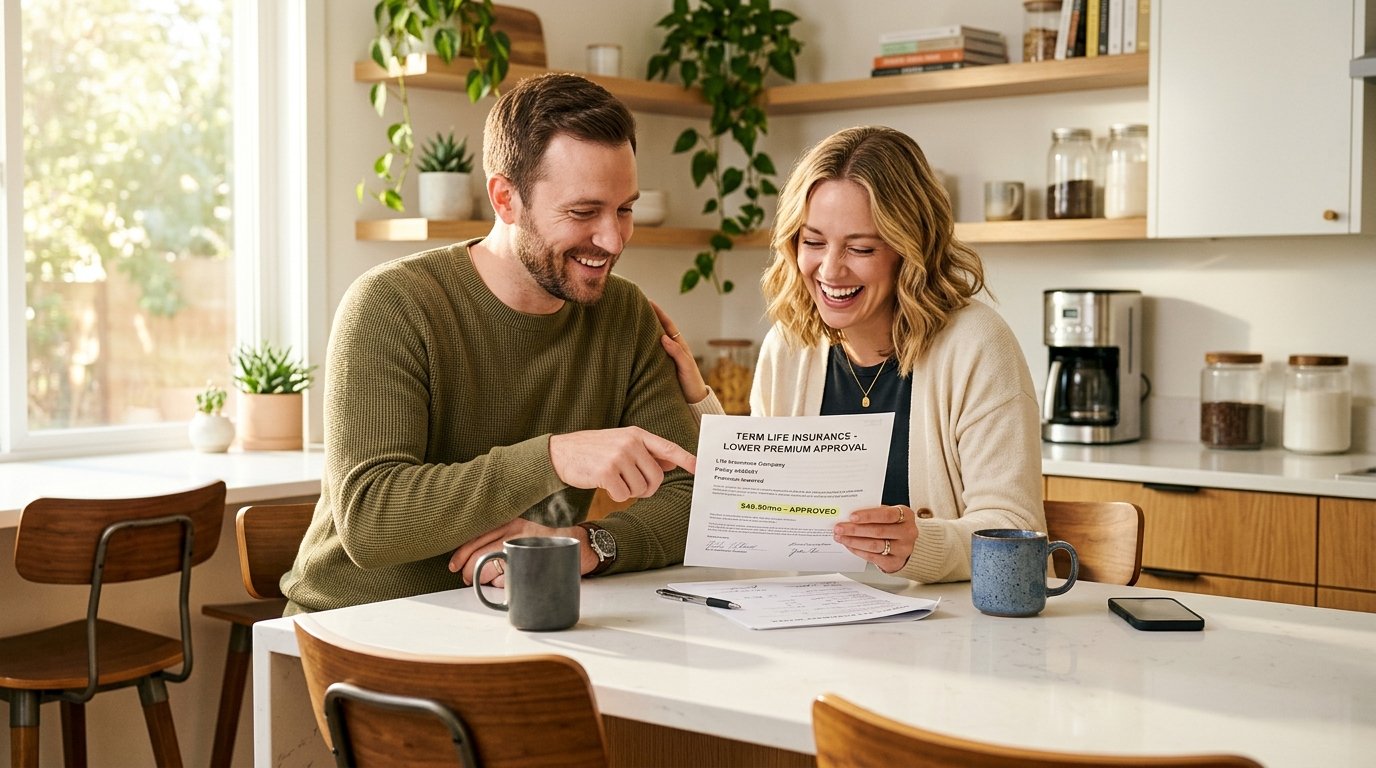 30s American couple happily celebrating lower life insurance monthly rate